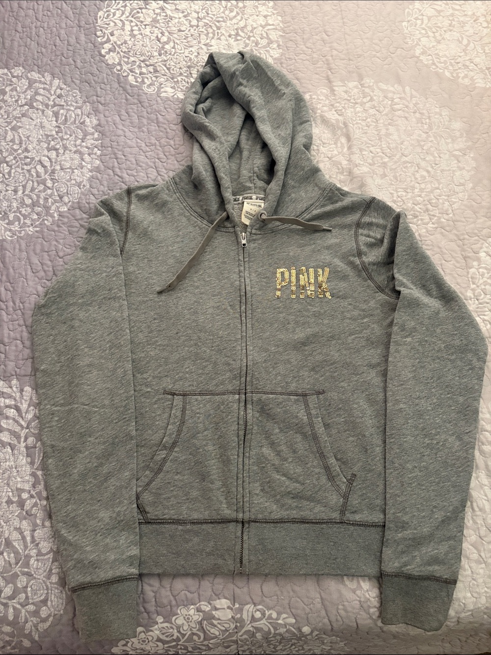 PINK Victoria's Secret Gray Zip Hoodie with Gold Accent